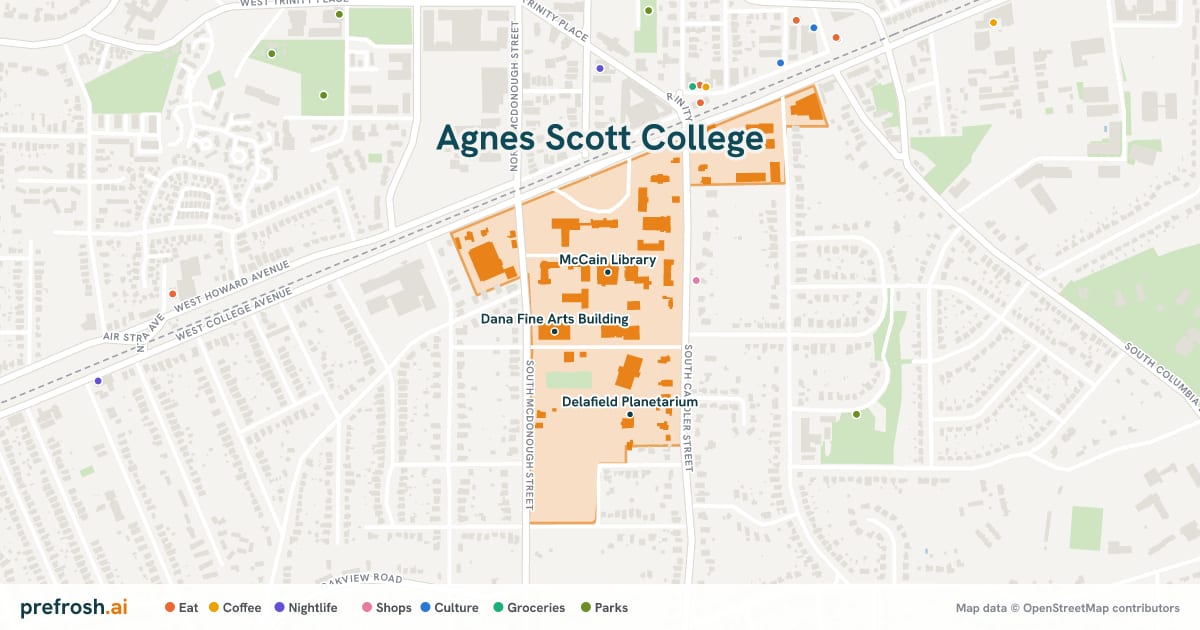 Campus map of Agnes Scott College in Decatur, GA, showing McCain Library, Dana Fine Arts Building and Delafield Planetarium, with nearby restaurants, coffee and shops