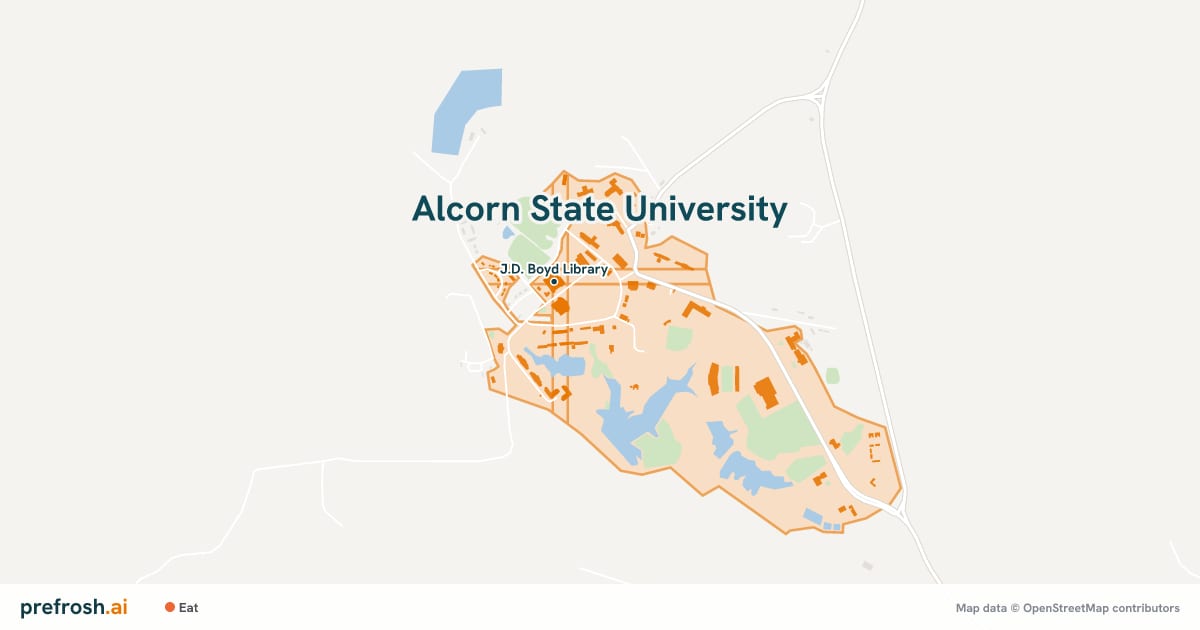 Campus map of Alcorn State University in Lorman, MS, showing J.D. Boyd Library, with nearby restaurants, coffee and shops