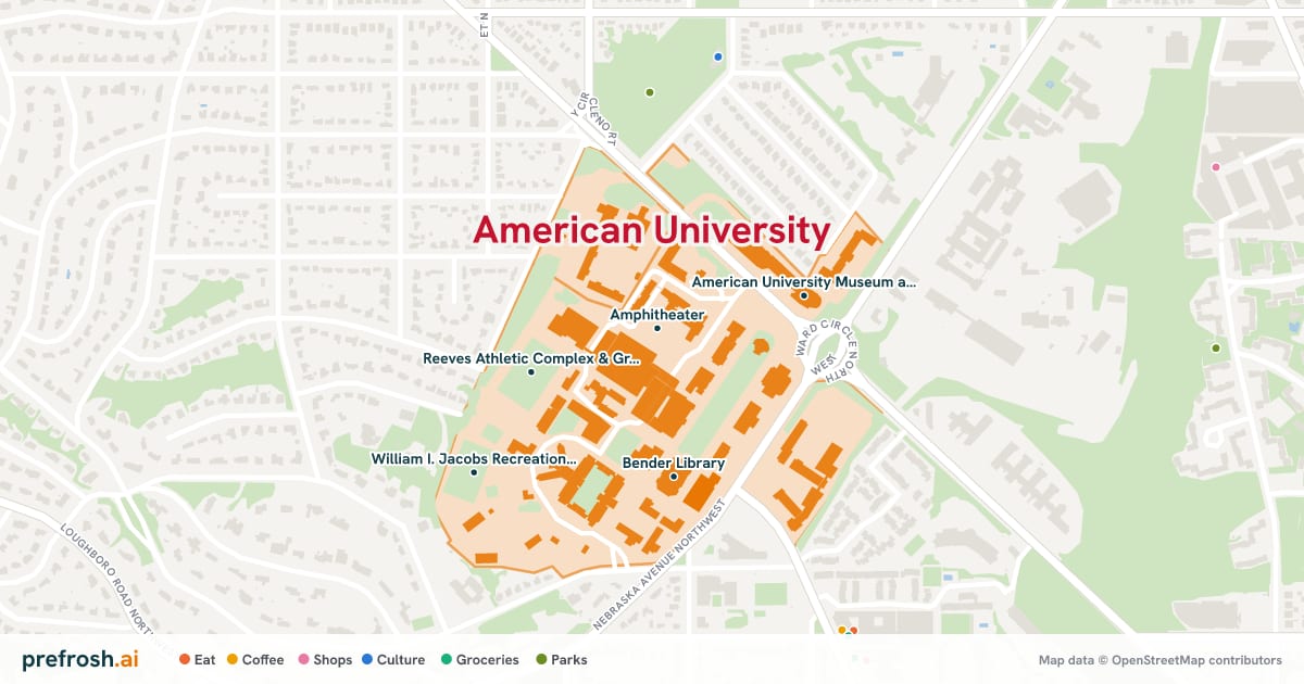 Campus map of American University in Washington, DC, showing Amphitheater, Alan and Amy Meltzer Center for Athletic Performance, Wesley Theological Seminary and Reeves Athletic Complex & Greenberg Track, with nearby restaurants, coffee and shops