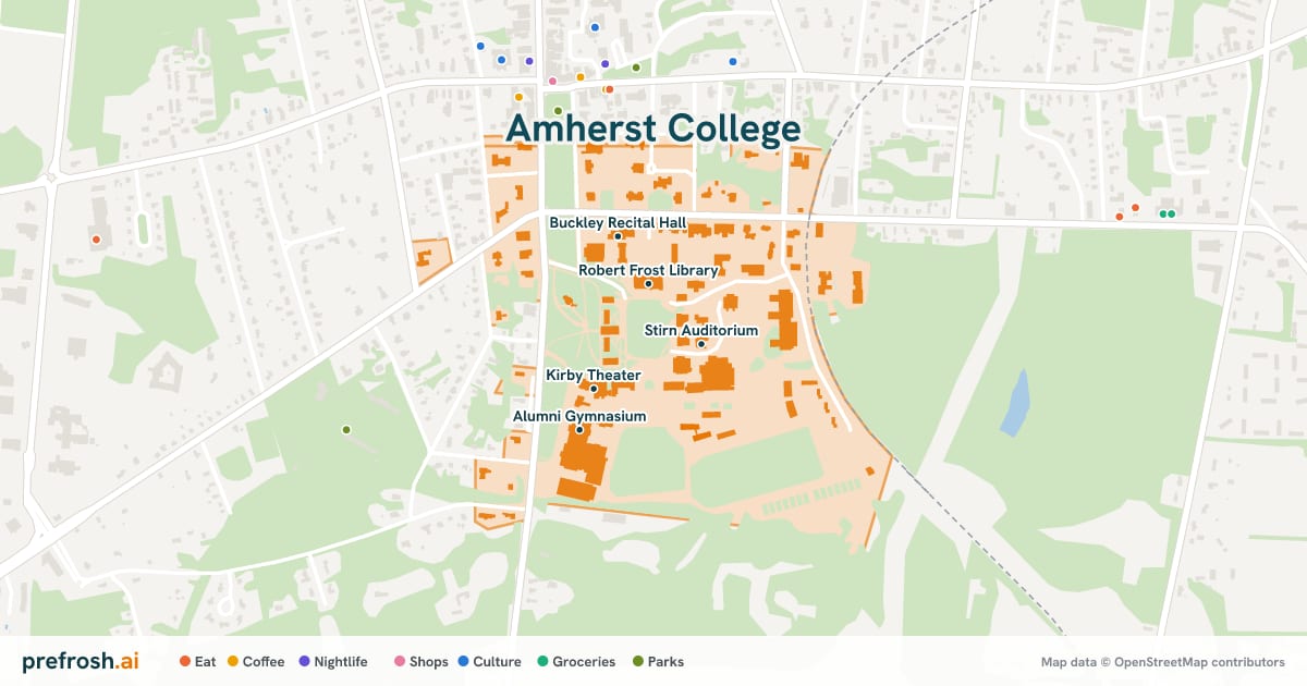 Campus map of Amherst College in Amherst, MA, showing Stirn Auditorium, Mead Art Museum, Robert Frost Library and Kirby Theater, with nearby restaurants, coffee and shops