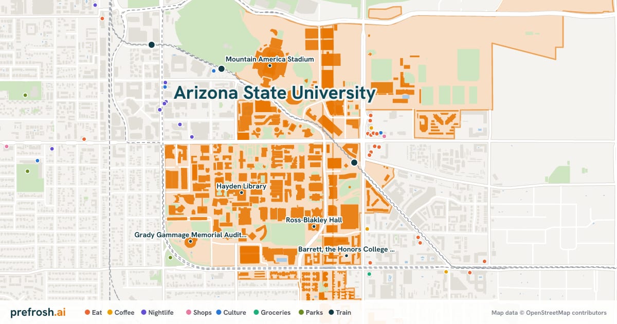 Campus map of Arizona State University in Tempe, AZ, showing Hayden Library, Hayden Library Concourse, Mona Plummer Aquatic Center and Desert Financial Arena, with nearby restaurants, coffee and shops