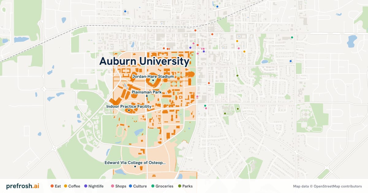 Campus map of Auburn University in Auburn, AL, showing Plainsman Park, Beard–Eaves–Memorial Coliseum, Jordan-Hare Stadium and Indoor Practice Facility, with nearby restaurants, coffee and shops