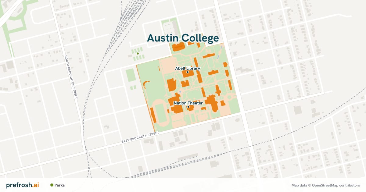 Campus map of Austin College in Sherman, TX, showing Nation Theater and Sid Richardson Recreation Center, with nearby restaurants, coffee and shops