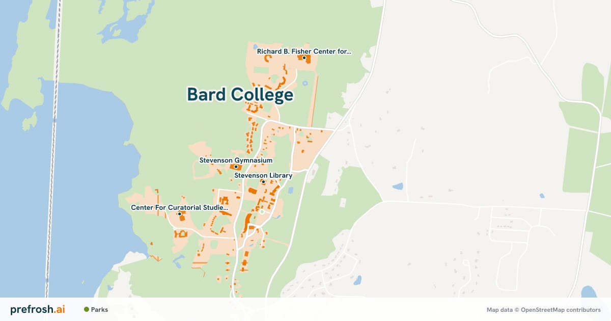 Campus map of Bard College in Annandale on Hudson, NY, showing Stevenson Gymnasium, Stevenson Library, Center For Curatorial Studies and Hessel Museum of Art and Richard B. Fisher Center for the Performing Arts, with nearby restaurants, coffee and shops
