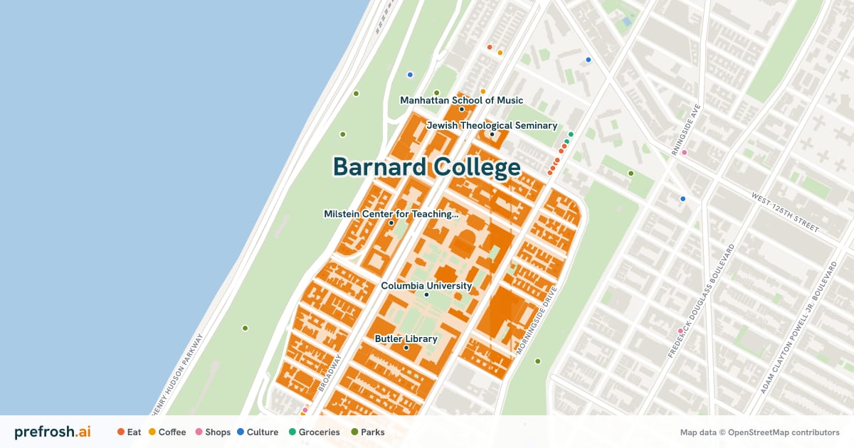 Campus map of Barnard College in New York, NY, showing Minor Latham Playhouse, Milstein Center for Teaching and Learning, Teachers College and Columbia University, with nearby restaurants, coffee and shops