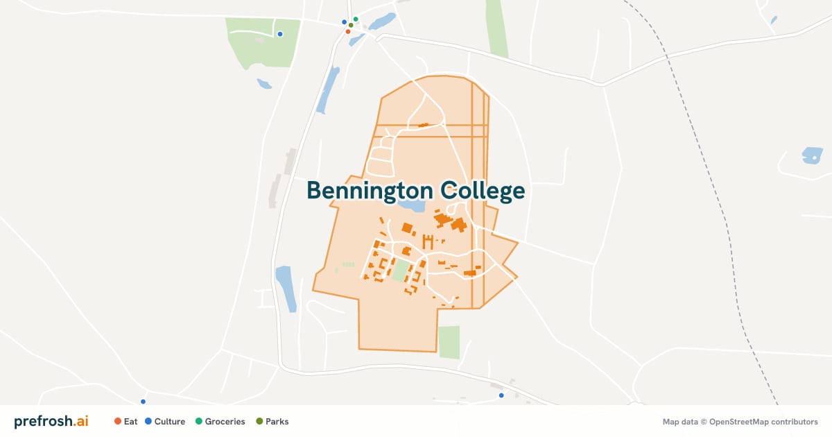 Campus map of Bennington College in Bennington, VT, with nearby restaurants, coffee and shops