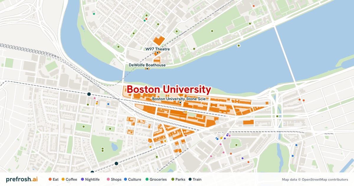 Campus map of Boston University in Boston, MA, showing Boston University Stone Science Library, School of Law Library and Boston University School of Theology Library, with nearby restaurants, coffee and shops