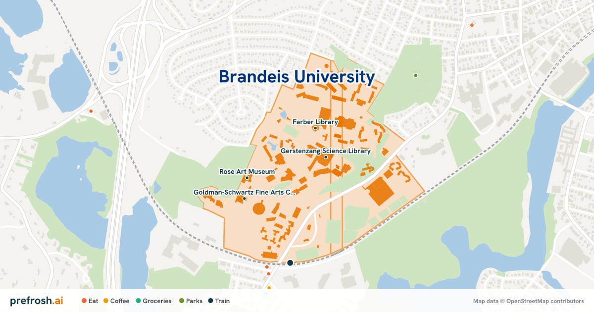 Campus map of Brandeis University in Waltham, MA, showing Gerstenzang Science Library, Farber Library, Goldfarb Library and Rose Art Museum, with nearby restaurants, coffee and shops