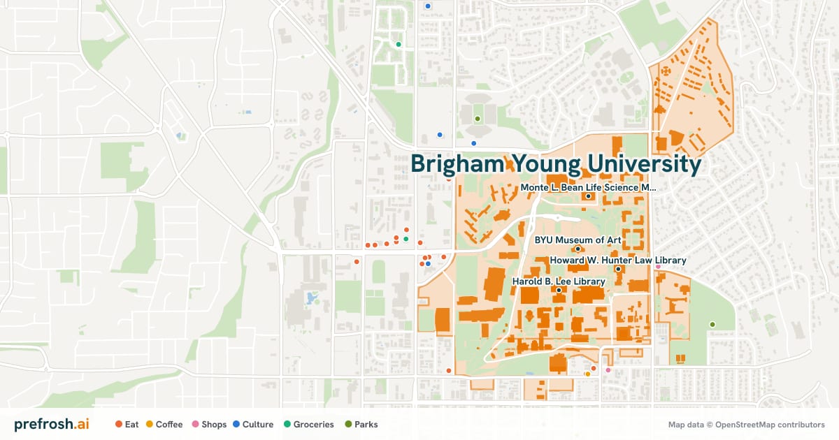 Campus map of Brigham Young University in Provo, UT, showing BYU Museum of Art, Marriott Center, Marriott Center Annex and Monte L. Bean Life Science Museum, with nearby restaurants, coffee and shops