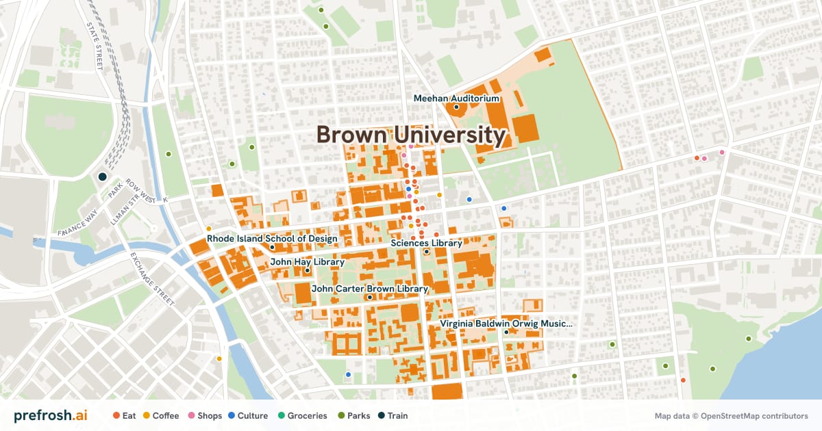 Campus map of Brown University in Providence, RI, showing Sciences Library, John Carter Brown Library, Nelson Fitness Center and John Hay Library, with nearby restaurants, coffee and shops