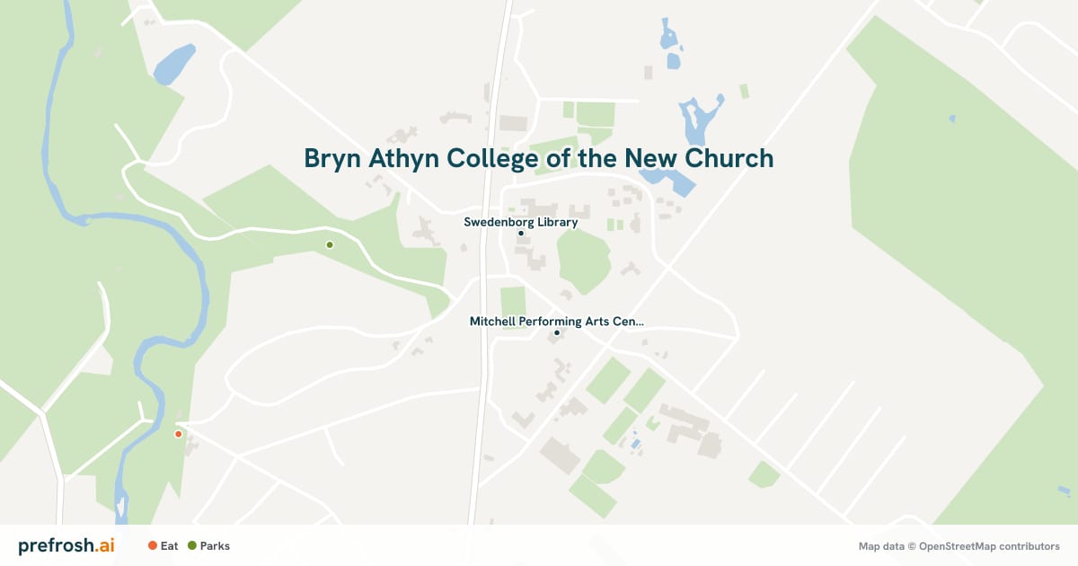 Campus map of Bryn Athyn College of the New Church in Bryn Athyn, PA, showing Swedenborg Library and Mitchell Performing Arts Center, with nearby restaurants, coffee and shops