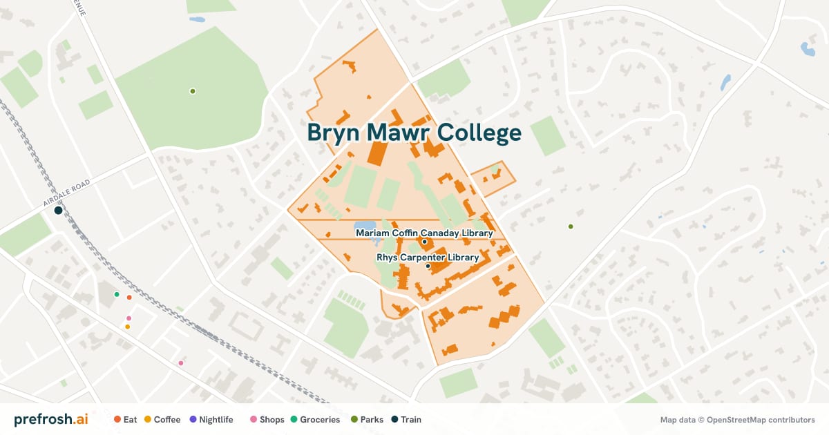 Campus map of Bryn Mawr College in Bryn Mawr, PA, showing Mariam Coffin Canaday Library and Old Library, with nearby restaurants, coffee and shops