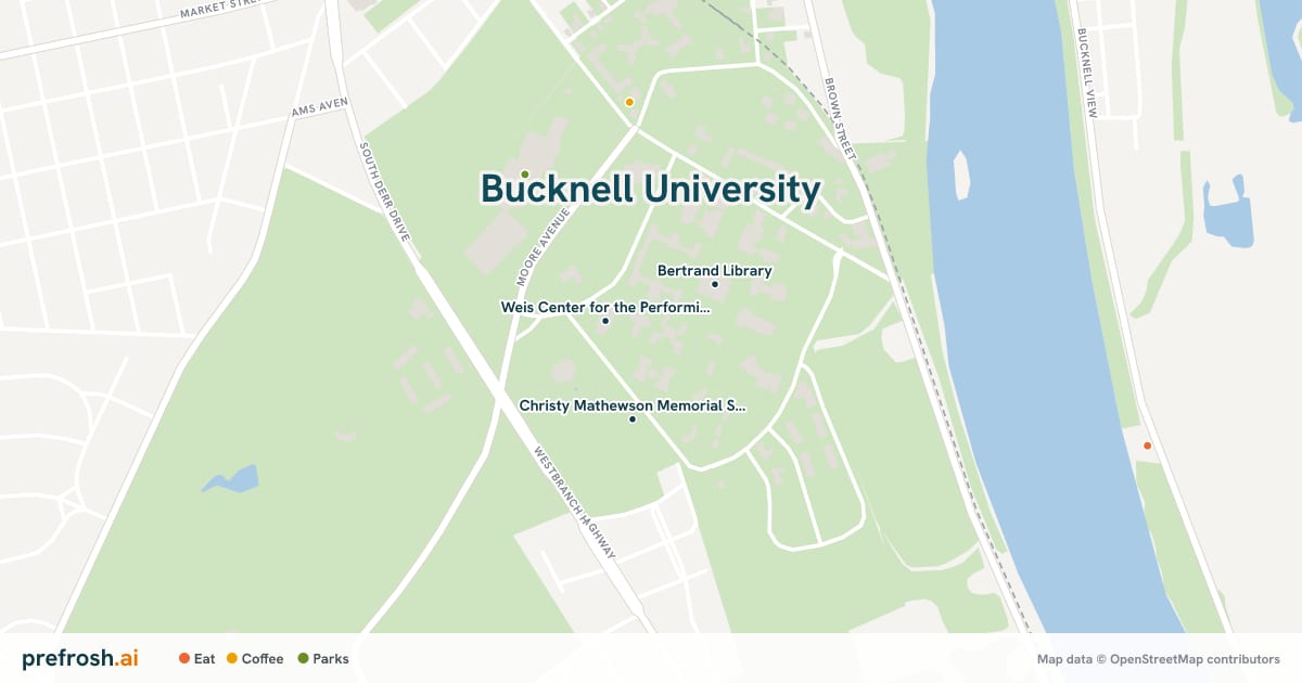 Campus map of Bucknell University in Lewisburg, PA, showing Weis Center for the Performing Arts, Christy Mathewson Memorial Stadium and Bertrand Library, with nearby restaurants, coffee and shops