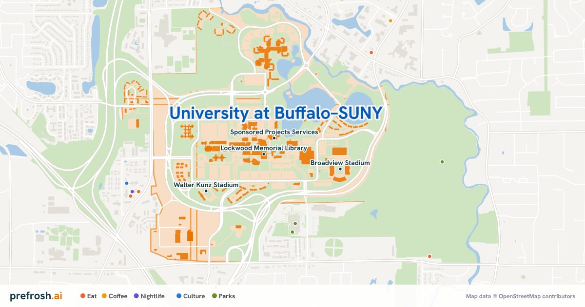 Campus map of University at Buffalo–SUNY in Buffalo, NY, showing Lockwood Memorial Library, Sponsored Projects Services, University at Buffalo and Office of Research Advancement, with nearby restaurants, coffee and shops