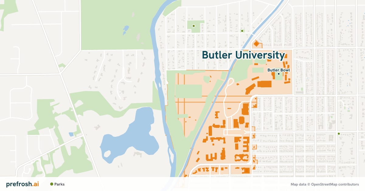 Campus map of Butler University in Indianapolis, IN, showing Butler Bowl, with nearby restaurants, coffee and shops