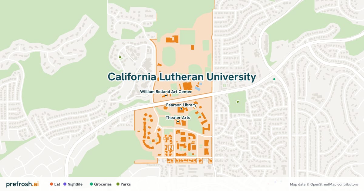 Campus map of California Lutheran University in Thousand Oaks, CA, showing William Rolland Stadium, Gilbert Sports and Fitness Center and Pearson Library, with nearby restaurants, coffee and shops