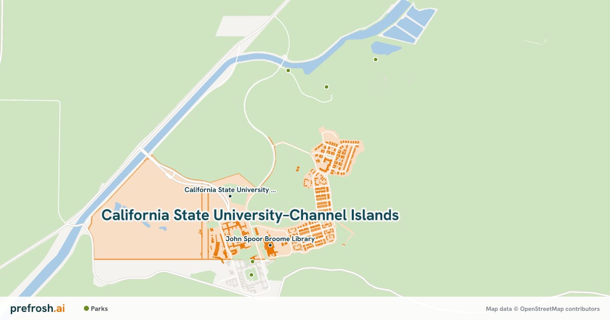 Campus map of California State University–Channel Islands in Camarillo, CA, showing California State University Channel Islands and John Spoor Broome Library, with nearby restaurants, coffee and shops