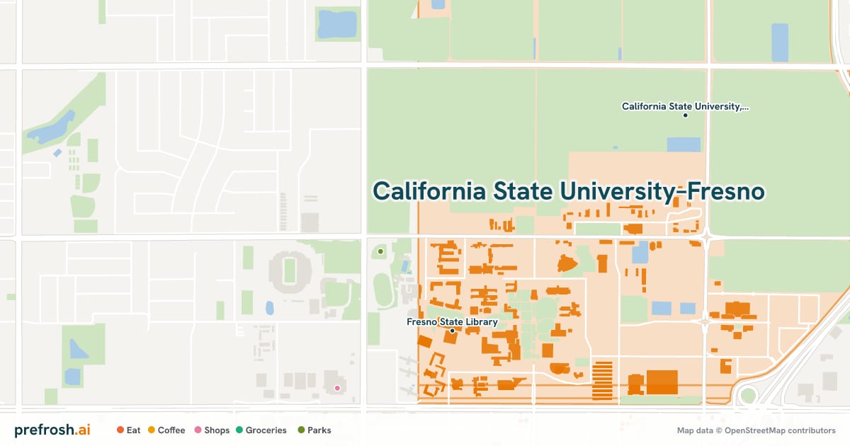 Campus map of California State University–Fresno in Fresno, CA, showing California State University, Fresno and Fresno State Library, with nearby restaurants, coffee and shops