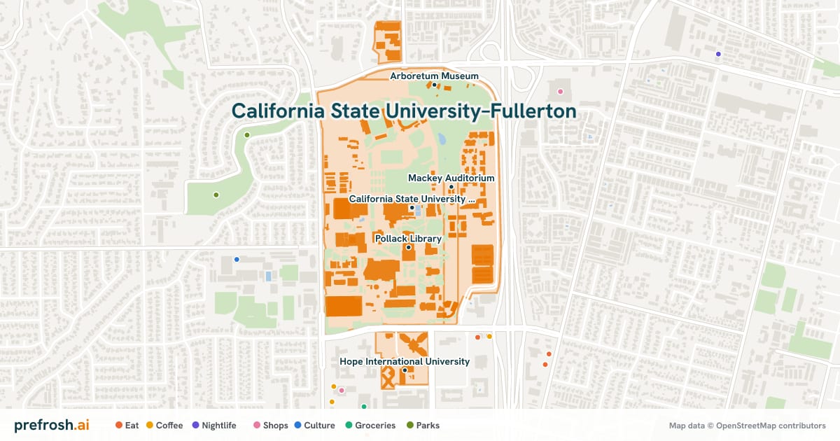 Campus map of California State University–Fullerton in Fullerton, CA, showing California State University Fullerton, Titan Gymnasium, Pollack Library and Becker Amphitheater, with nearby restaurants, coffee and shops