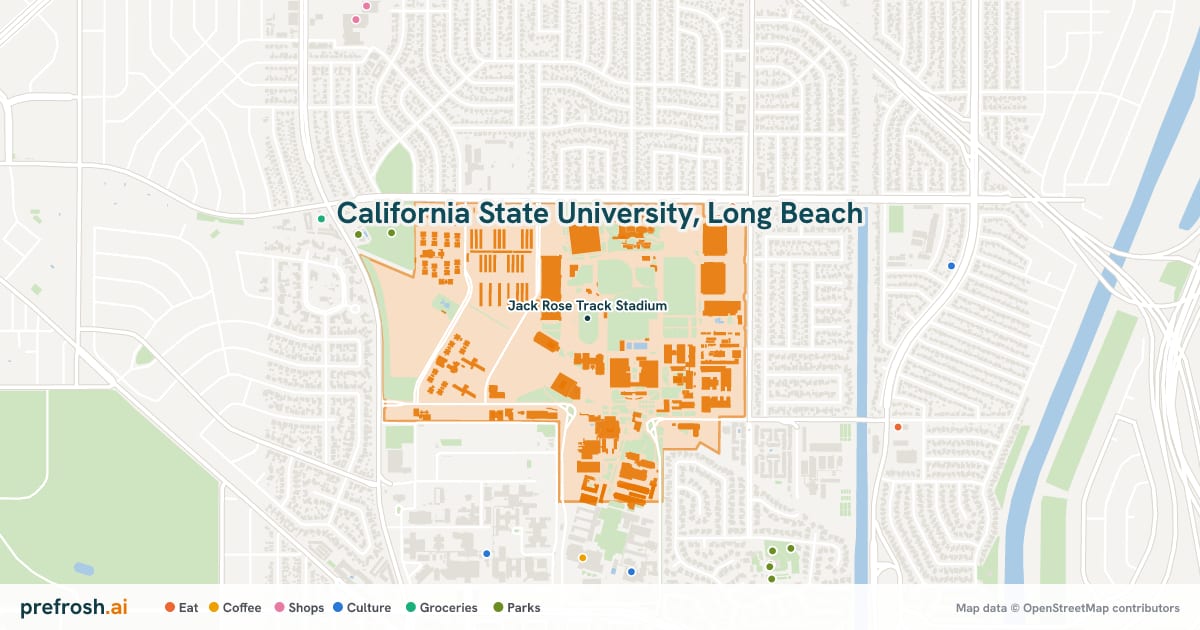 Campus map of California State University, Long Beach in Long Beach, CA, showing Jack Rose Track Stadium, with nearby restaurants, coffee and shops