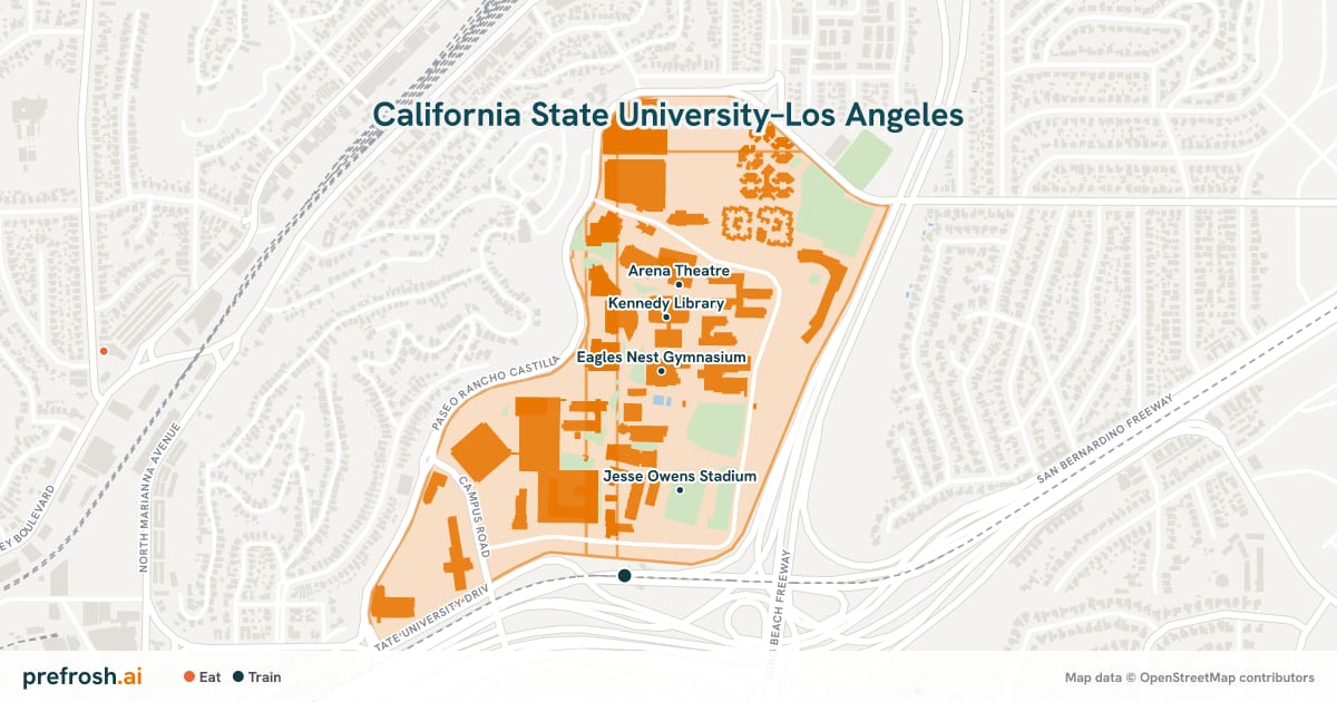 Campus map of California State University–Los Angeles in Los Angeles, CA, showing Eagles Nest Gymnasium, California State University Los Angeles, Kennedy Library and Arena Theatre, with nearby restaurants, coffee and shops