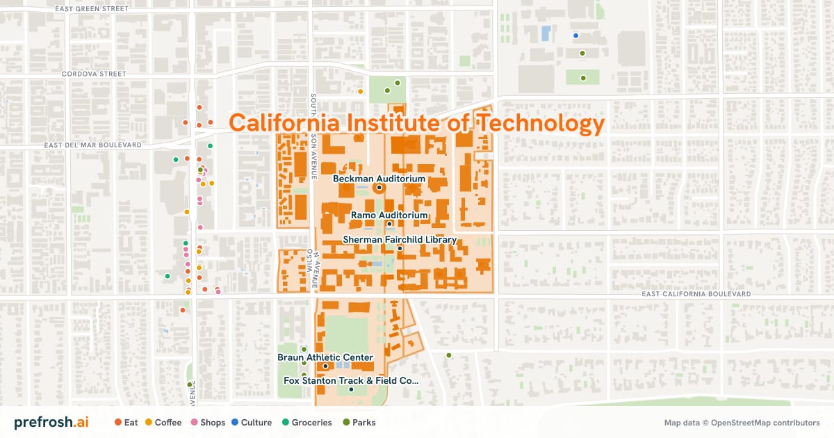 Campus map of California Institute of Technology in Pasadena, CA, showing Ramo Auditorium, Sherman Fairchild Library, Beckman Auditorium and Office of Communications and External Relations, with nearby restaurants, coffee and shops