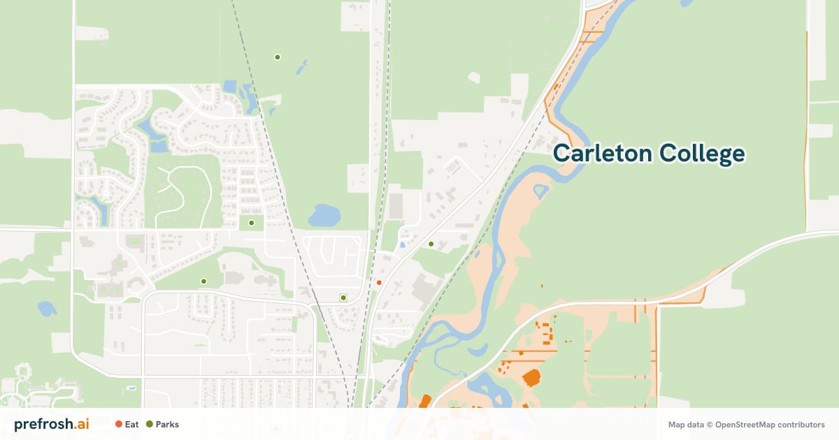 Campus map of Carleton College in Northfield, MN, with nearby restaurants, coffee and shops
