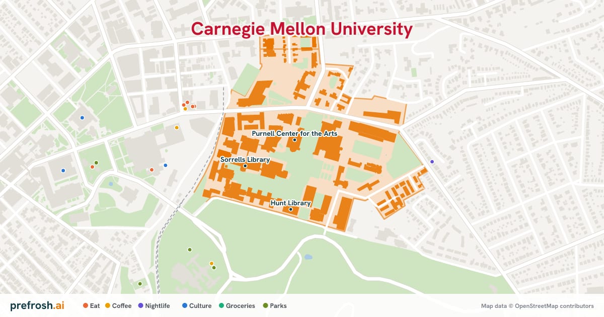 Campus map of Carnegie Mellon University in Pittsburgh, PA, showing Purnell Center for the Arts, Hunt Library and Sorrells Library, with nearby restaurants, coffee and shops