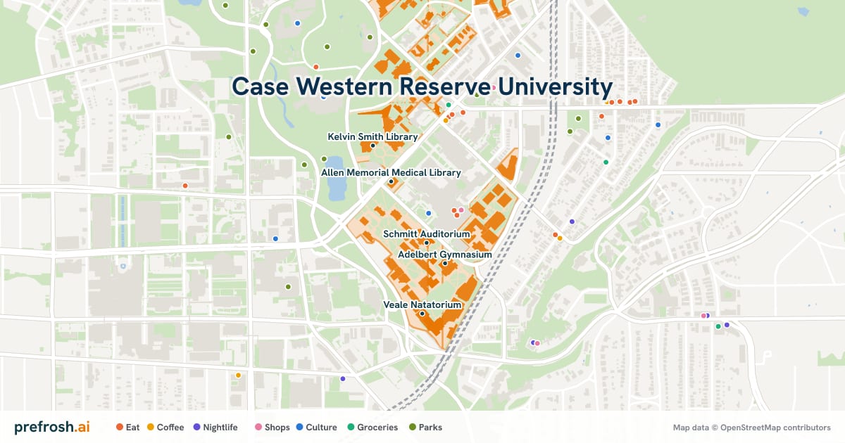 Campus map of Case Western Reserve University in Cleveland, OH, showing Schmitt Auditorium, Strosacker Auditorium, Research Campus, CWRU School of Medicine and Adelbert Gymnasium, with nearby restaurants, coffee and shops