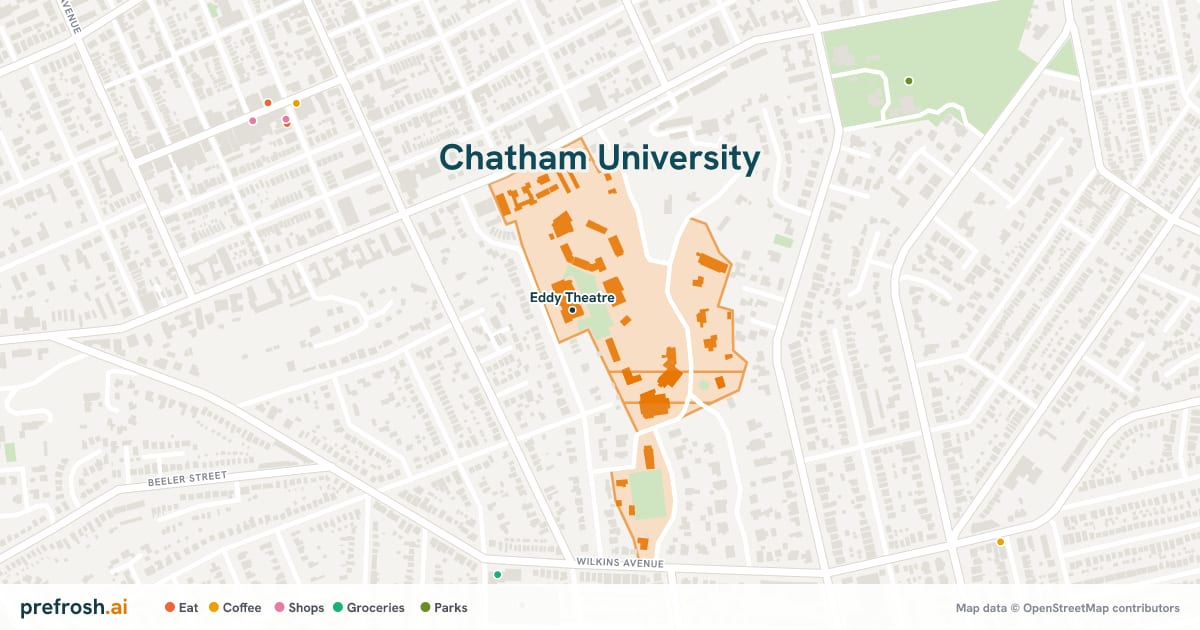 Campus map of Chatham University in Pittsburgh, PA, showing Eddy Theatre, with nearby restaurants, coffee and shops