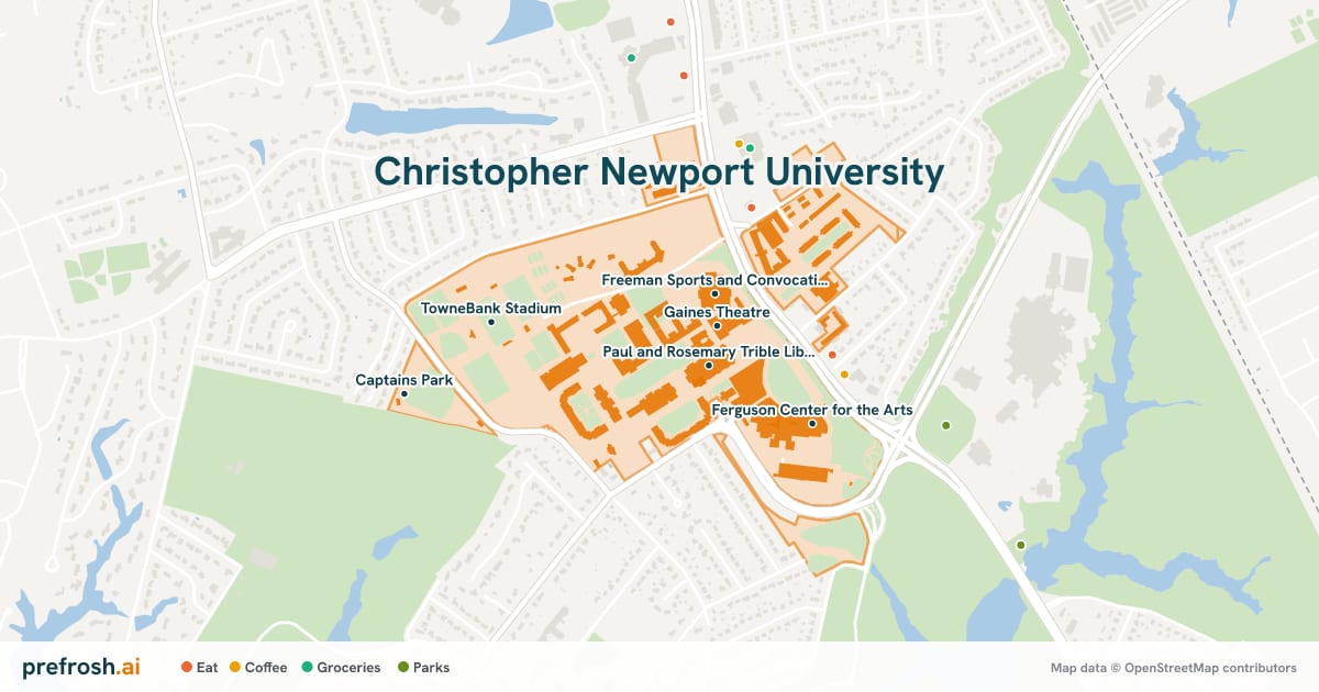 Campus map of Christopher Newport University in Newport News, VA, showing Paul and Rosemary Trible Library, Gaines Theatre, Trieshmann Health and Fitness Pavilion and Freeman Sports and Convocation Center, with nearby restaurants, coffee and shops