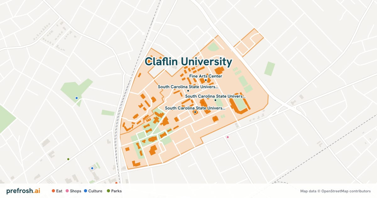 Campus map of Claflin University in Orangeburg, SC, showing South Carolina State University Planetarium, South Carolina State University Miller F Whitaker Library, Dukes Gymnasium and Fine Arts Center, with nearby restaurants, coffee and shops