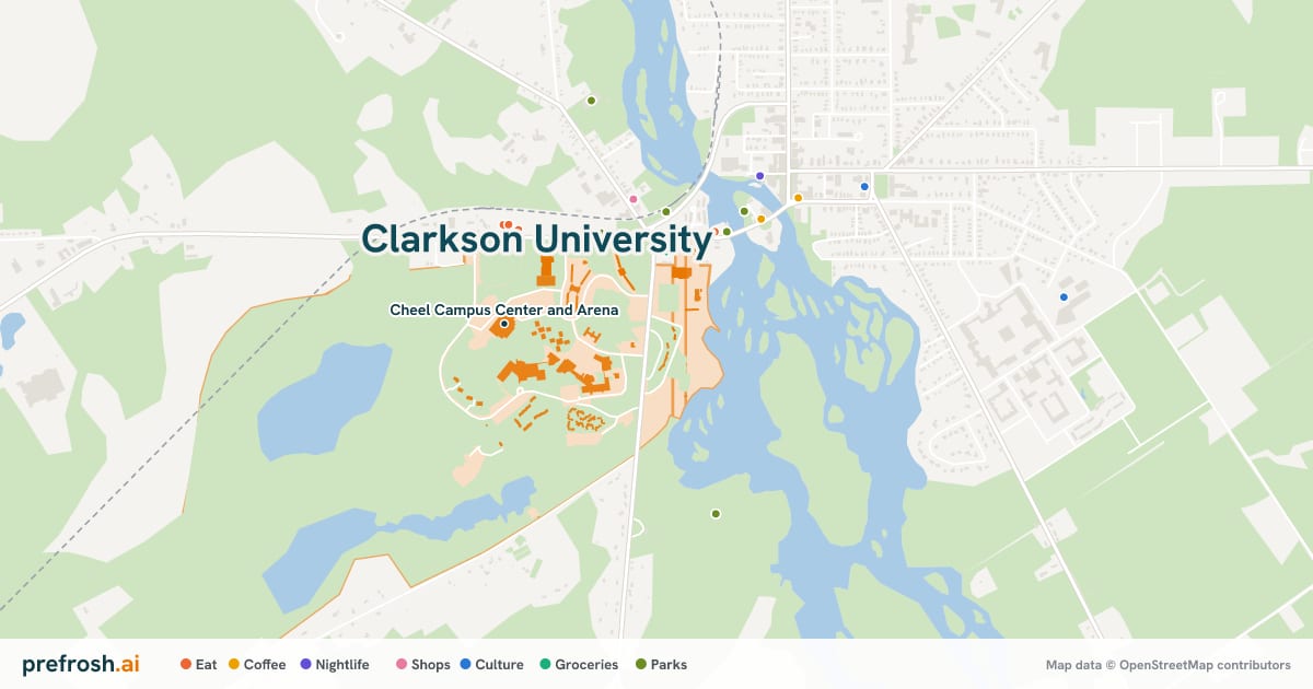 Campus map of Clarkson University in Potsdam, NY, showing Cheel Campus Center and Arena, with nearby restaurants, coffee and shops