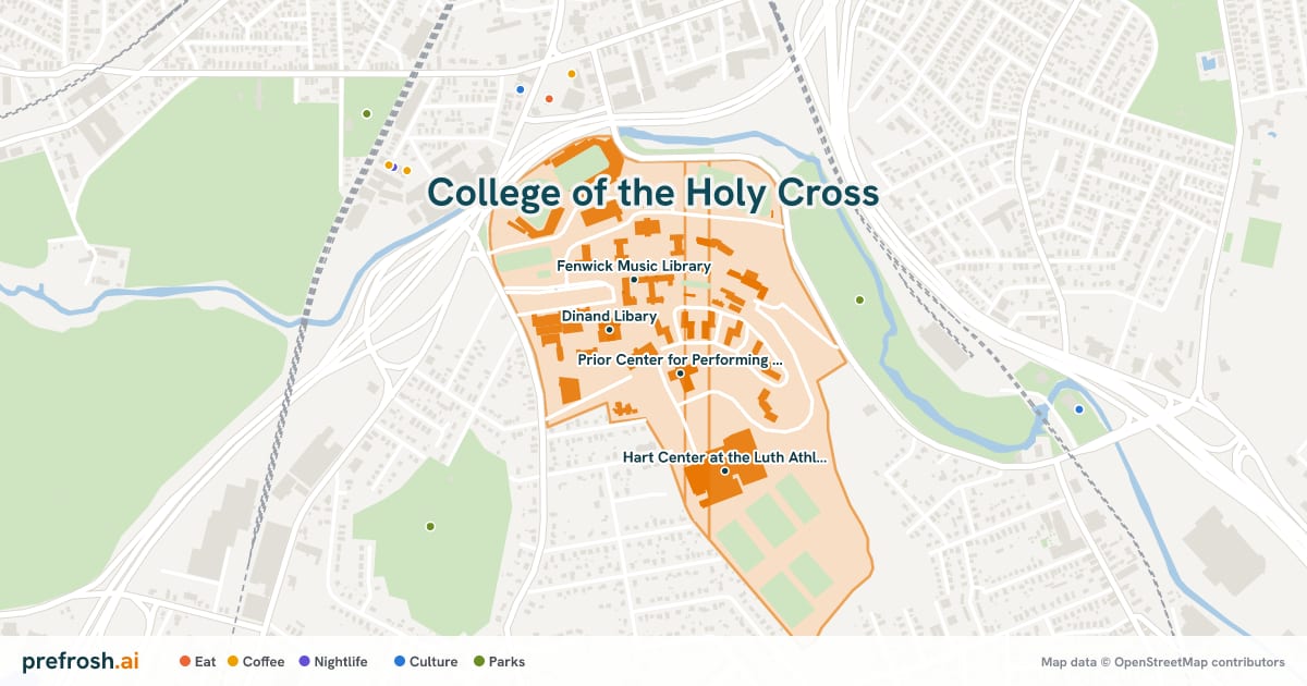 Campus map of College of the Holy Cross in Worcester, MA, showing Prior Center for Performing Arts, Dinand Libary, Fenwick Music Library and Brooks Concert Hall, with nearby restaurants, coffee and shops