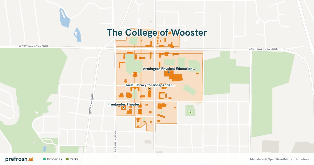 Campus map of The College of Wooster in Wooster, OH, showing Gault Library for Independent Study, Andrews Library and Armington Physical Education Center, with nearby restaurants, coffee and shops