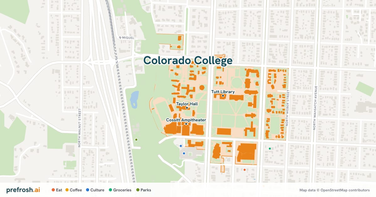 Campus map of Colorado College in Colorado Springs, CO, showing Taylor Hall, Cossitt Ampitheater and El Pomar Sports Center, with nearby restaurants, coffee and shops