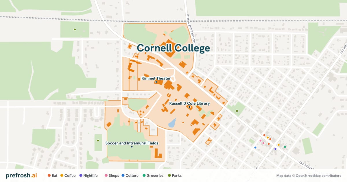 Campus map of Cornell College in Mount Vernon, IA, showing Kimmel Theater, Russell D Cole Library and Cornell Tennis Courts, with nearby restaurants, coffee and shops