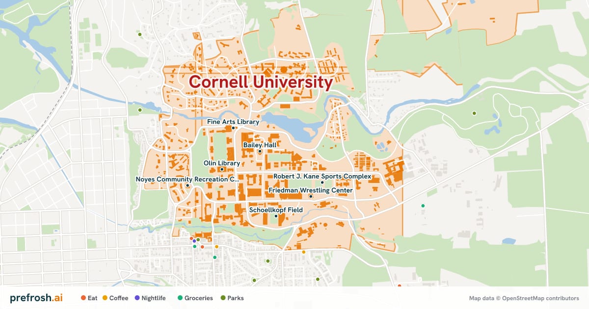 Campus map of Cornell University in Ithaca, NY, showing Bailey Hall, Mann Library, Fine Arts Library and Olin Library, with nearby restaurants, coffee and shops