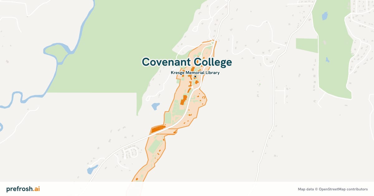 Campus map of Covenant College in Lookout Mountain, GA, showing Kresge Memorial Library, with nearby restaurants, coffee and shops