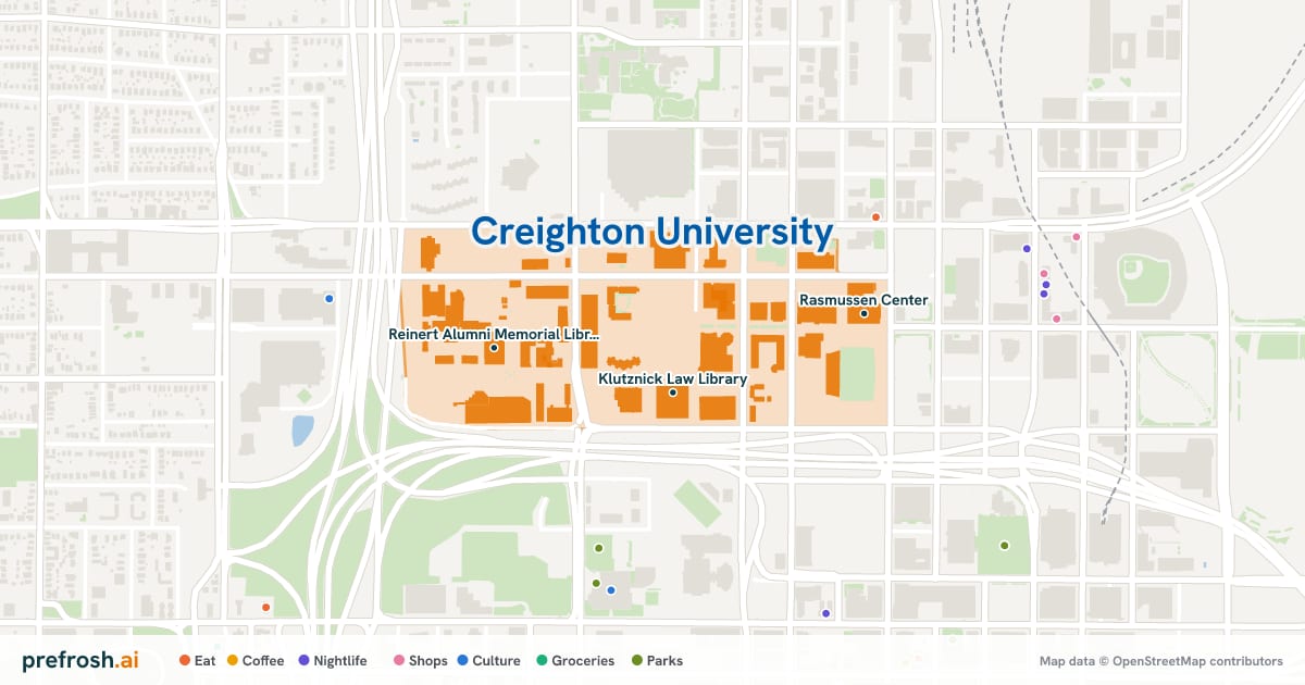 Campus map of Creighton University in Omaha, NE, showing Klutznick Law Library, Lied Education Center for the Arts and Reinert Alumni Memorial Library, with nearby restaurants, coffee and shops