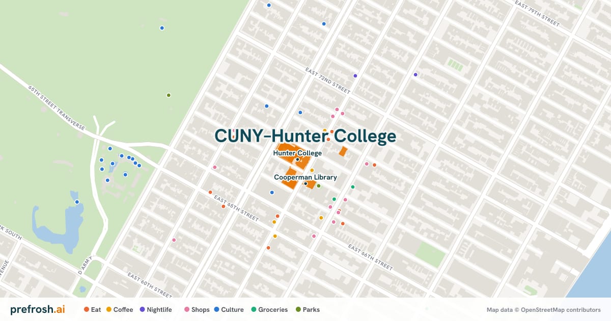 Campus map of CUNY–Hunter College in New York, NY, showing Hunter College and The Kaye Playhouse, with nearby restaurants, coffee and shops