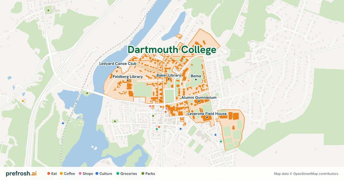 Campus map of Dartmouth College in Hanover, NH, showing Baker Library, Bema, Alumni Gymnasium and Berry Sports Center, with nearby restaurants, coffee and shops