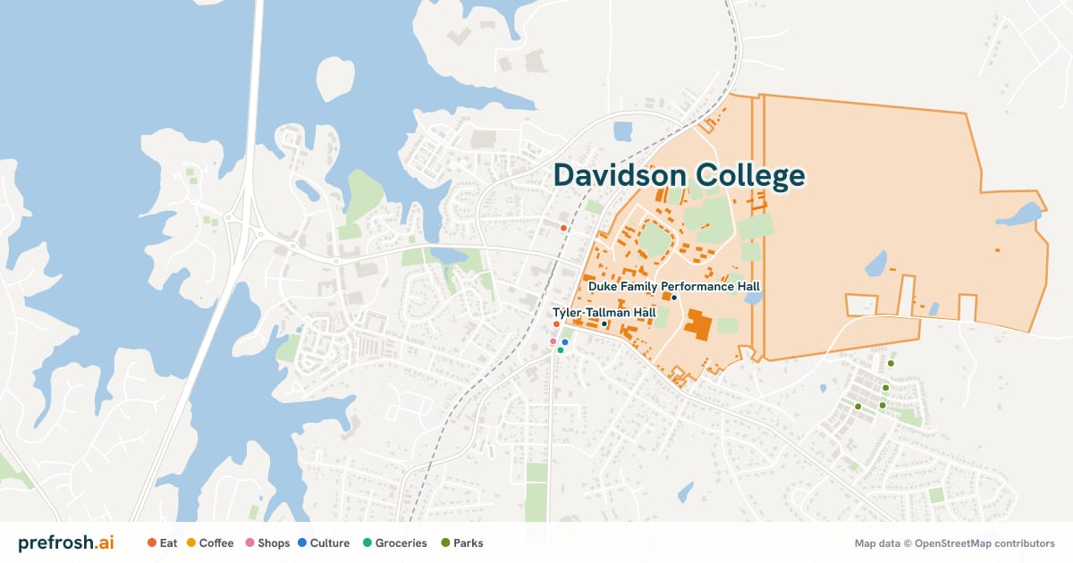 Campus map of Davidson College in Davidson, NC, showing Duke Family Performance Hall and Richardson Stadium, with nearby restaurants, coffee and shops