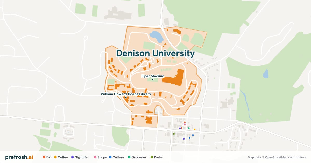 Campus map of Denison University in Granville, OH, showing Piper Stadium and Alumni Memorial Field House, with nearby restaurants, coffee and shops