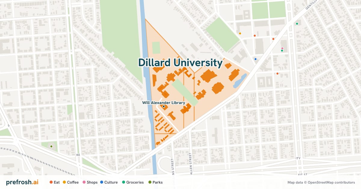 Campus map of Dillard University in New Orleans, LA, showing Will Alexander Library, with nearby restaurants, coffee and shops