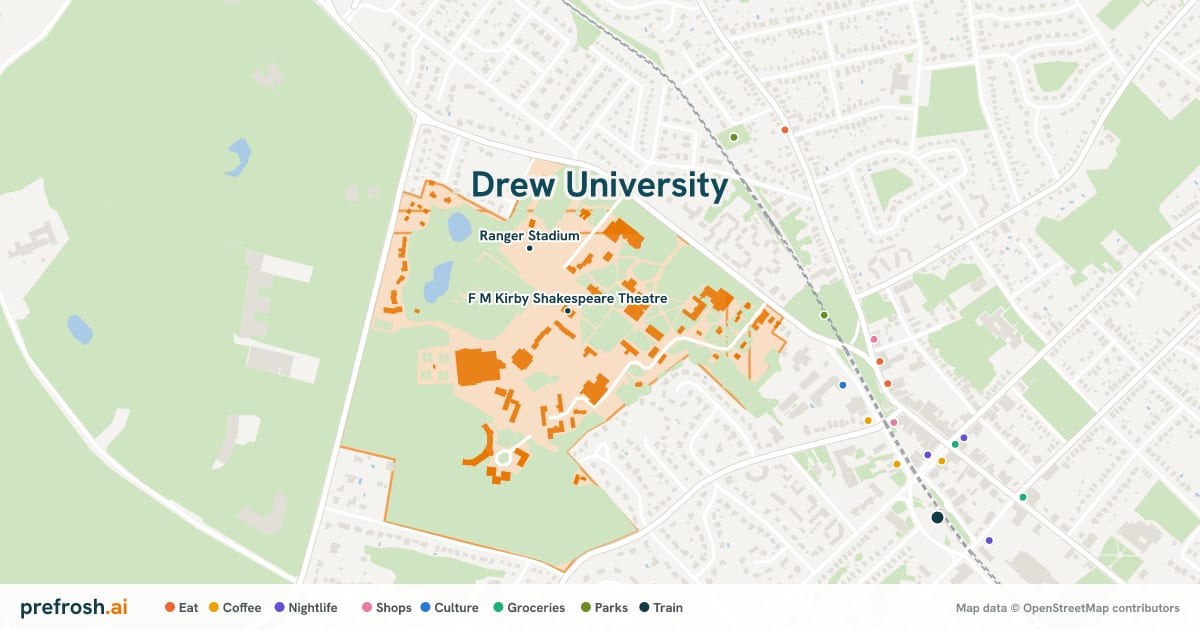 Campus map of Drew University in Madison, NJ, showing F M Kirby Shakespeare Theatre and Learning Center, with nearby restaurants, coffee and shops