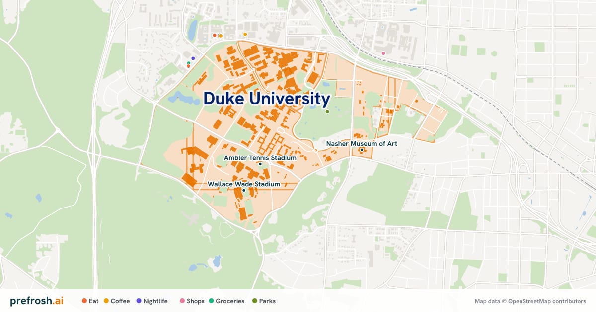 Campus map of Duke University in Durham, NC, showing Ambler Tennis Stadium, Sheffield Tennis Center and Wilson Recreation Center, with nearby restaurants, coffee and shops