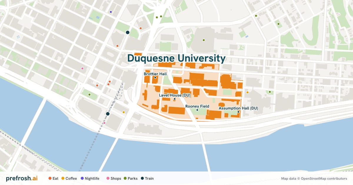 Campus map of Duquesne University in Pittsburgh, PA, showing Lavel House (DU), Duquesne University Student Union, College Hall (DU) and Administration Building, with nearby restaurants, coffee and shops