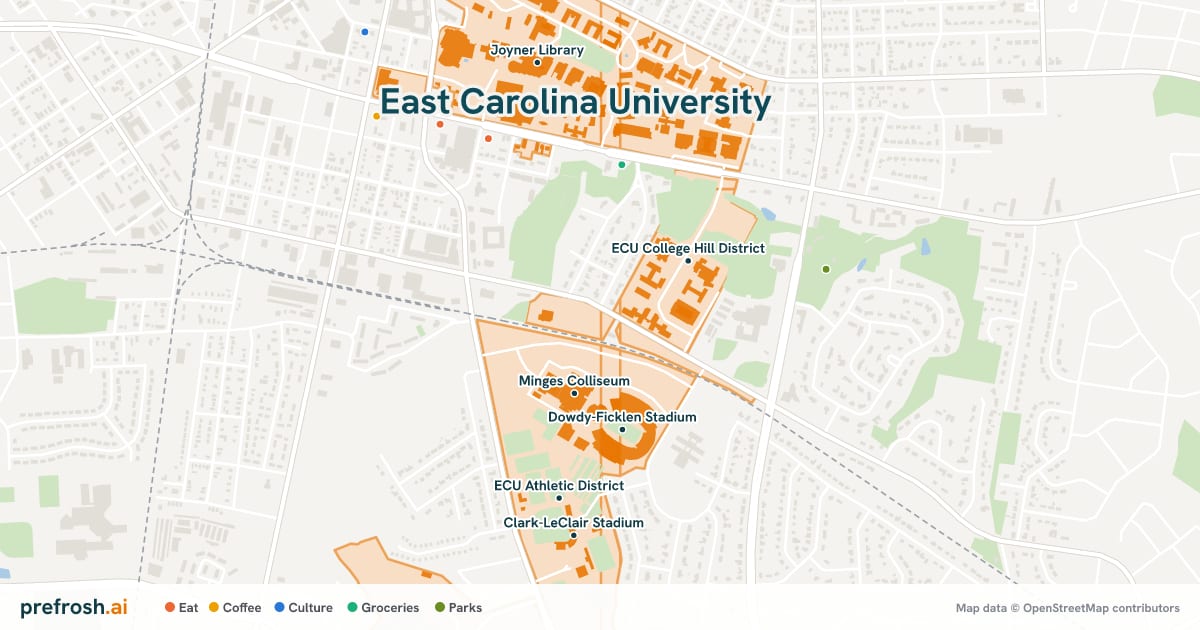 Campus map of East Carolina University in Greenville, NC, showing Minges Colliseum, Dowdy-Ficklen Stadium, ECU College Hill District and ECU Athletic District, with nearby restaurants, coffee and shops