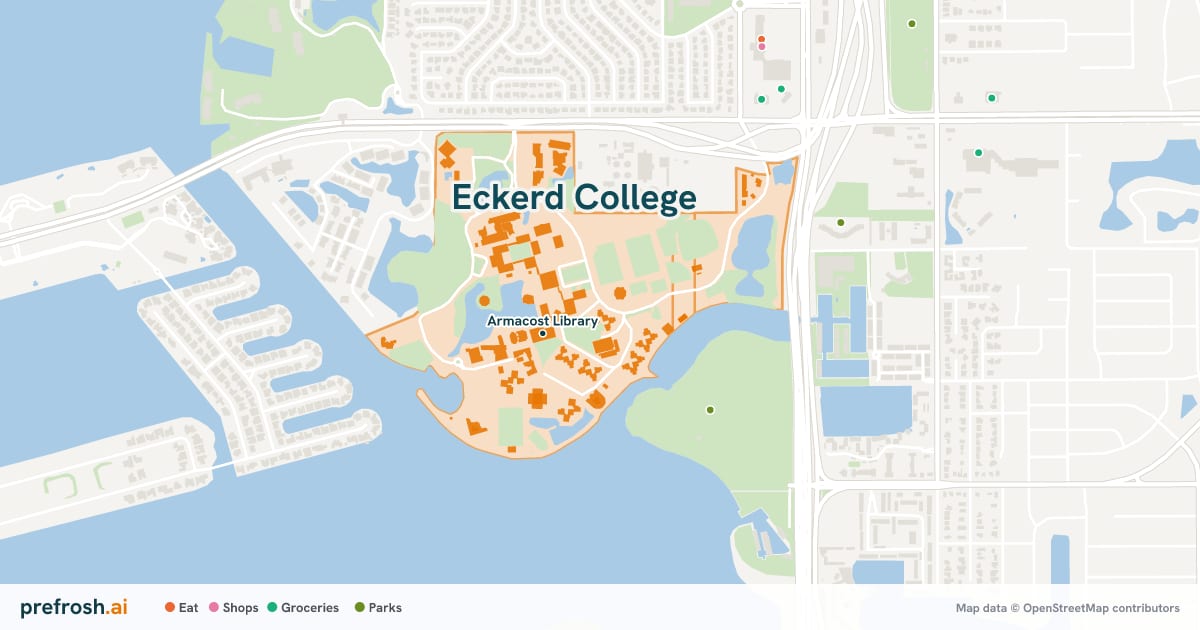 Campus map of Eckerd College in St. Petersburg, FL, showing Armacost Library, with nearby restaurants, coffee and shops